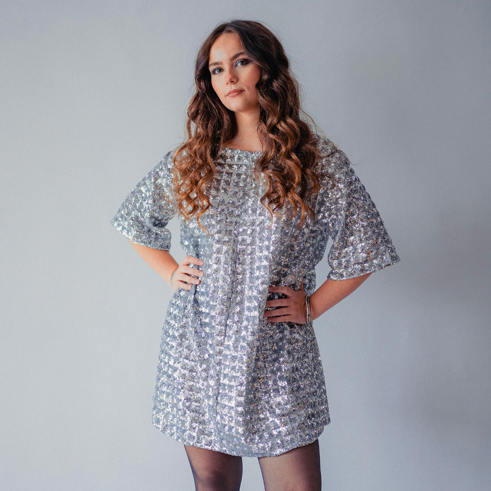 Tissu Tulle Brodé, Paillettes - Géométrique Argent, Stellare