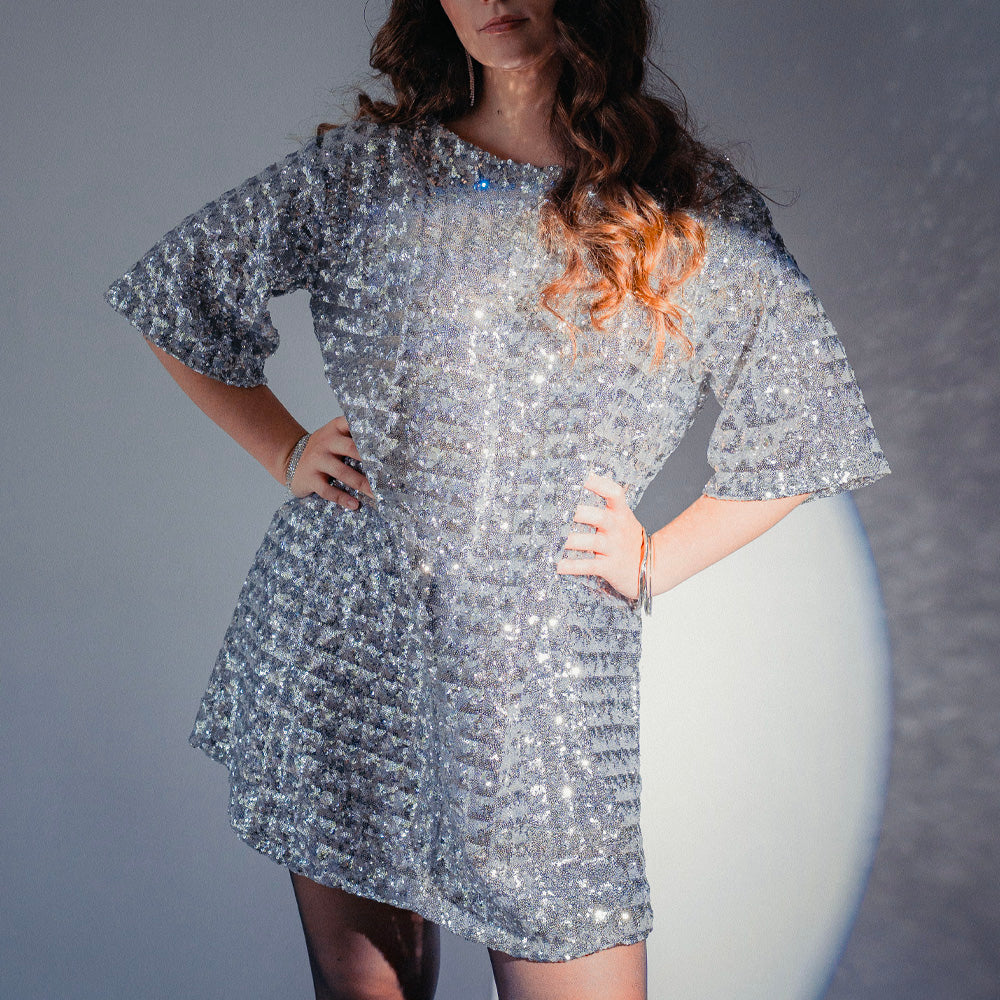 Tissu Tulle Brodé, Paillettes - Géométrique Argent, Stellare