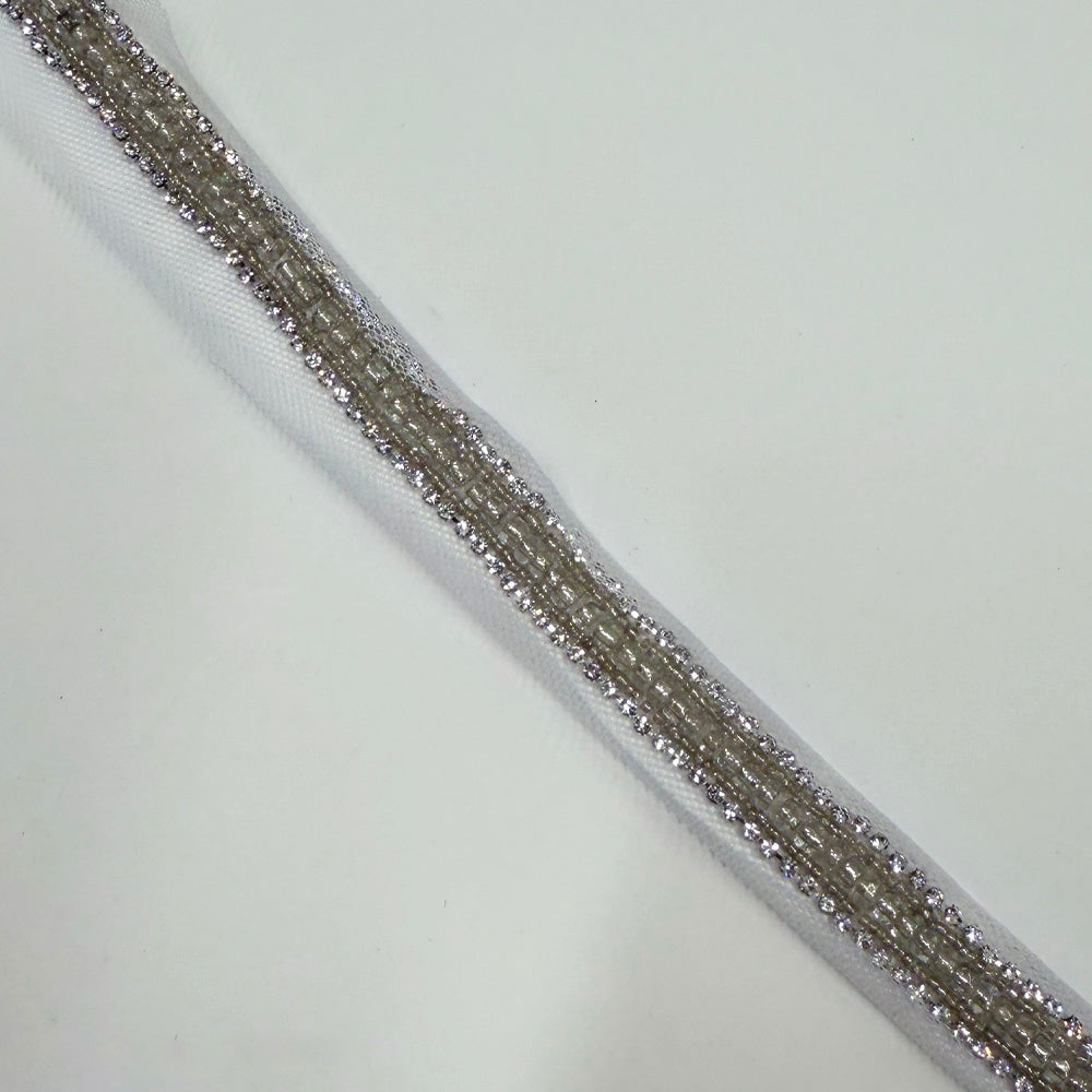 Galon Brodé Plat, Perles Strass - Argent, Maestosa