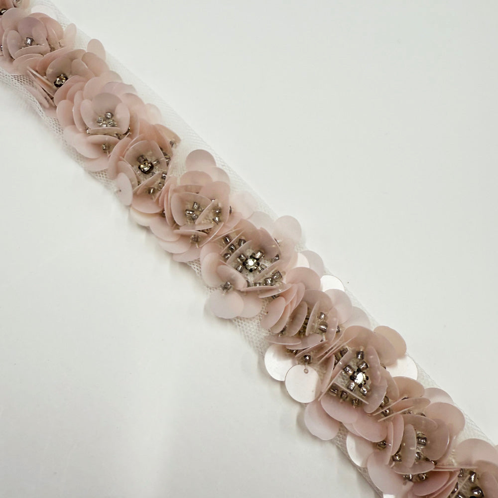 Galon Brodé Fleurs, Paillettes Strass - Floral Rose, Rosellina