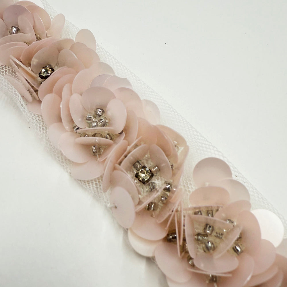 Galon Brodé Fleurs, Paillettes Strass - Floral Rose, Rosellina