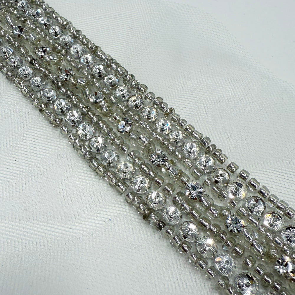 Galon Brodé, Perles Strass - Argent, Perlata