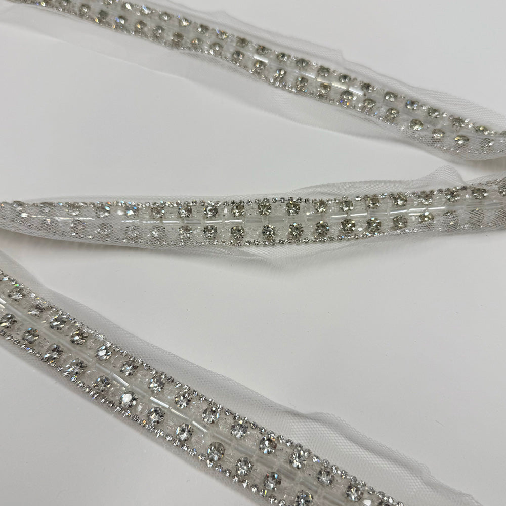 Galon Brodé, Perles Baguettes Strass - Argent, Argentia