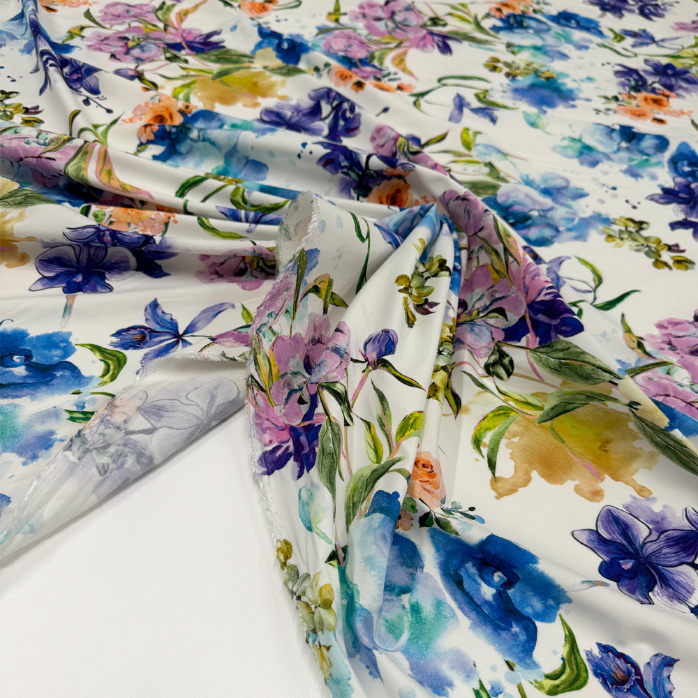 Tissu Satin, Coton Viscose Stretch - Floral, Orchidea