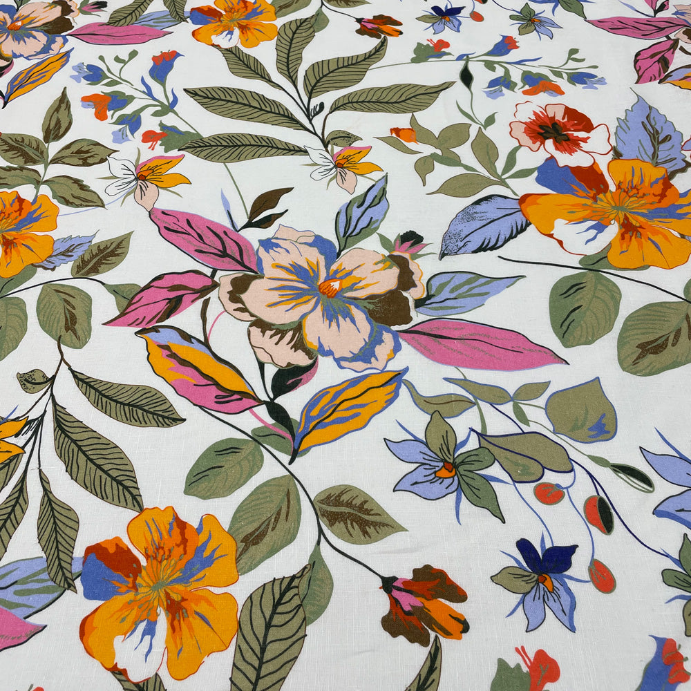 Tissu Toile Lin - Floral, Ibisco