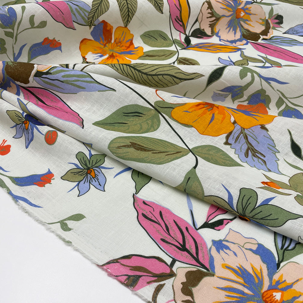 Tissu Toile Lin - Floral, Ibisco