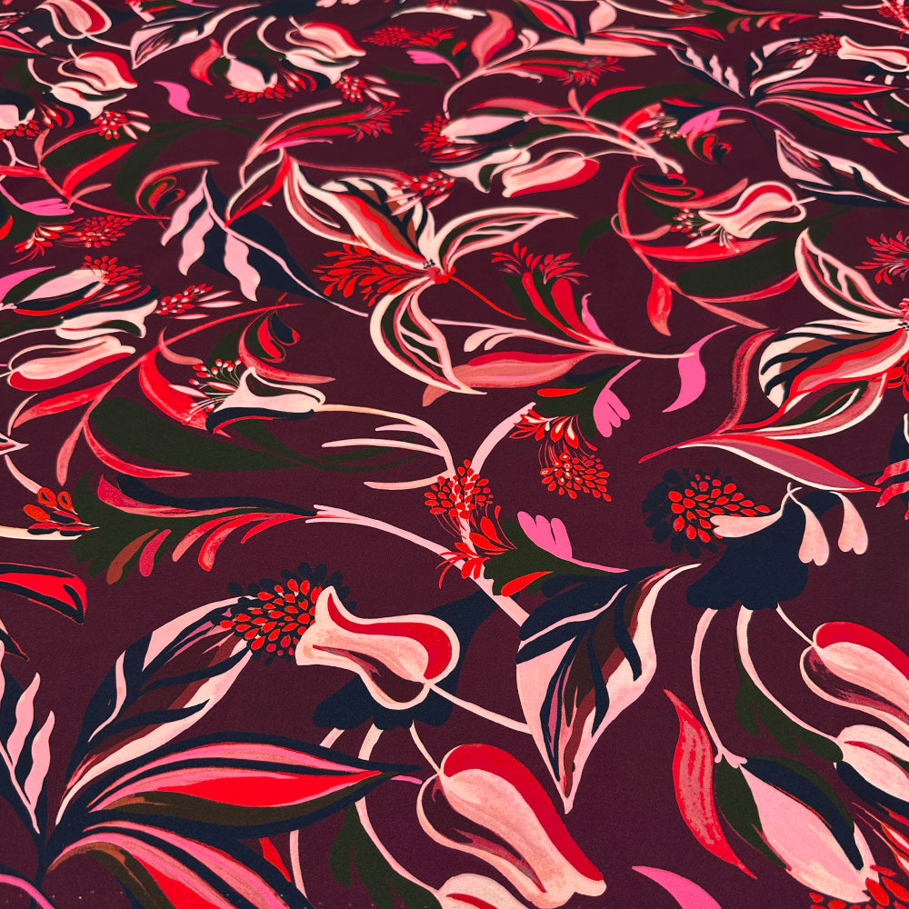 Tissu Satin, Polyester - Floral, Barbera