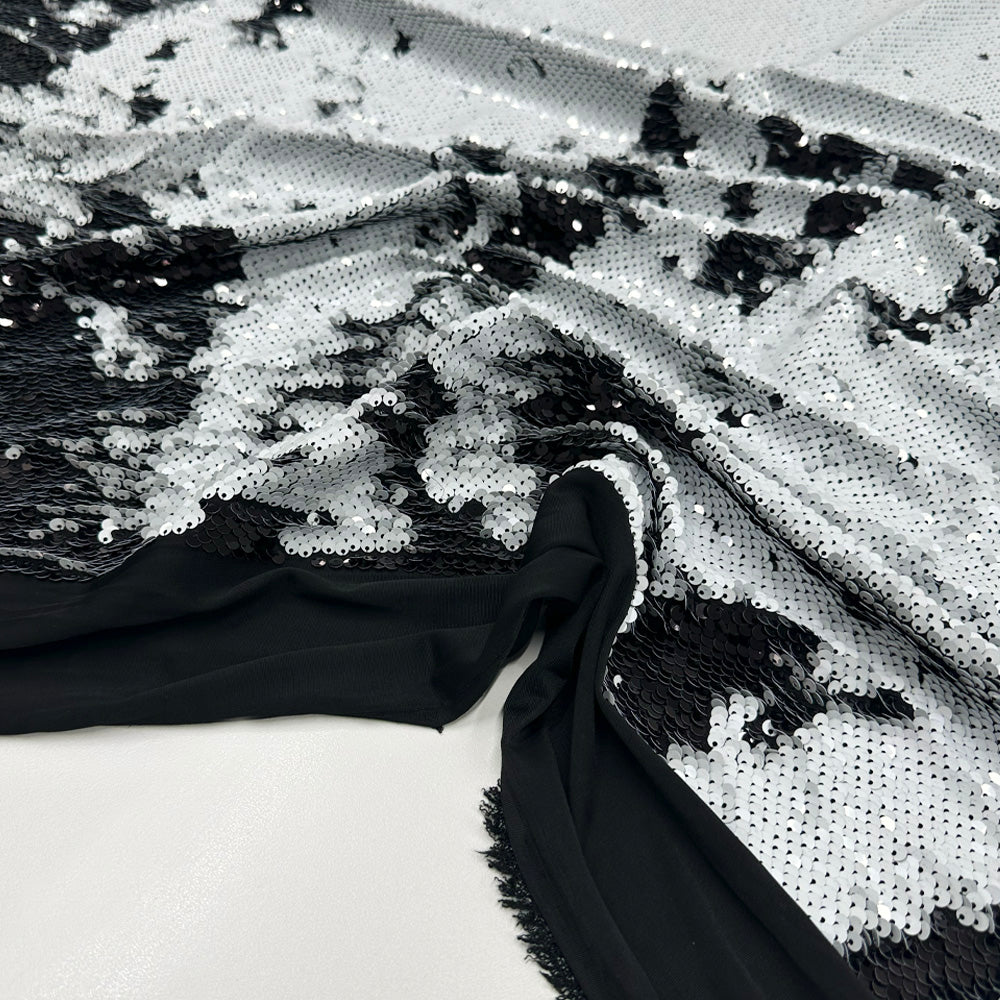 Tissu Lycra Brodé, Stretch Paillettes - Overlap Noir, Brillio