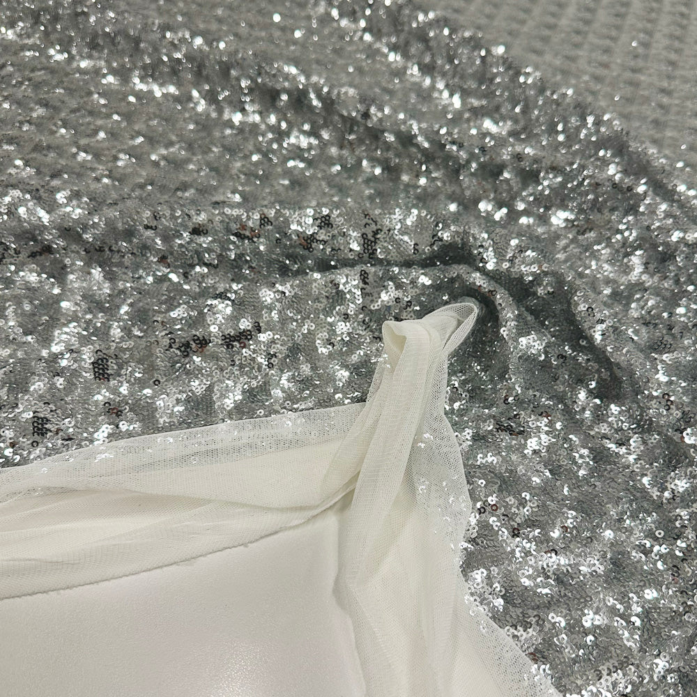 Tissu Tulle Brodé, Paillettes - Géométrique Argent, Stellare