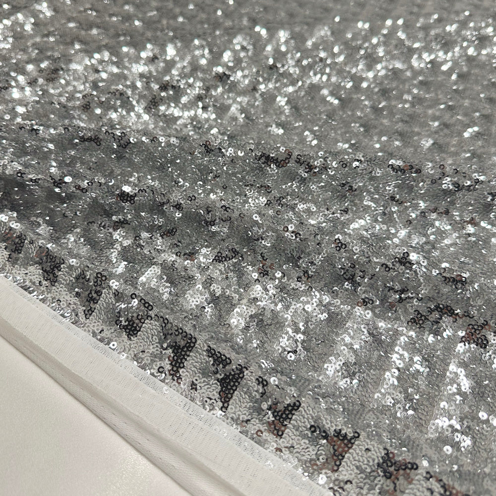 Tissu Tulle Brodé, Paillettes - Géométrique Argent, Stellare