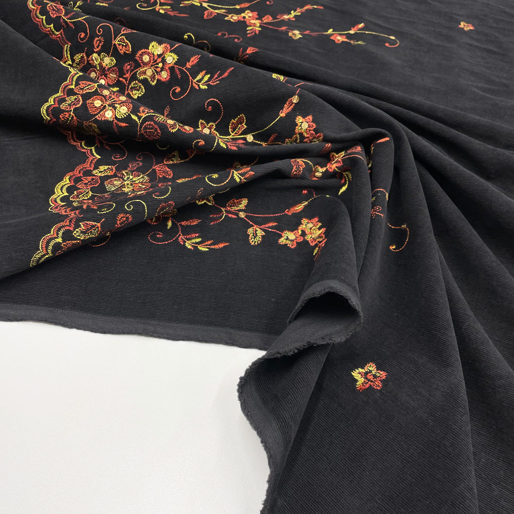 Panneau Velours Côtelé Brodé, Coton - Floral Feston, Fogliame