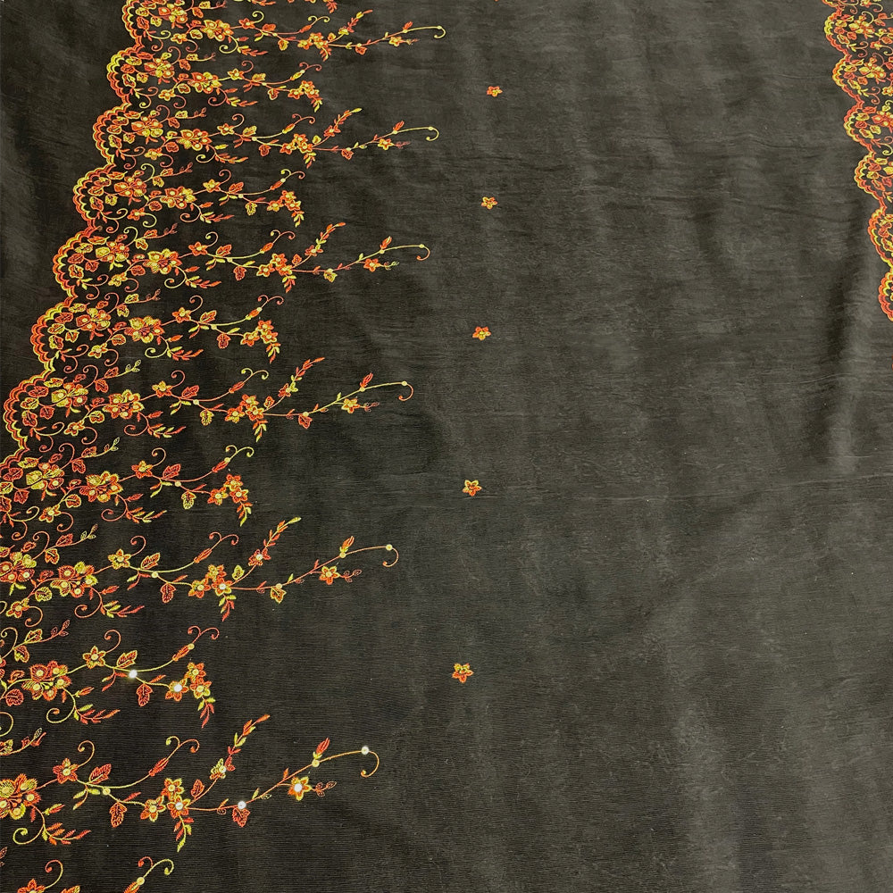 Panneau Velours Côtelé Brodé, Coton - Floral Feston, Fogliame