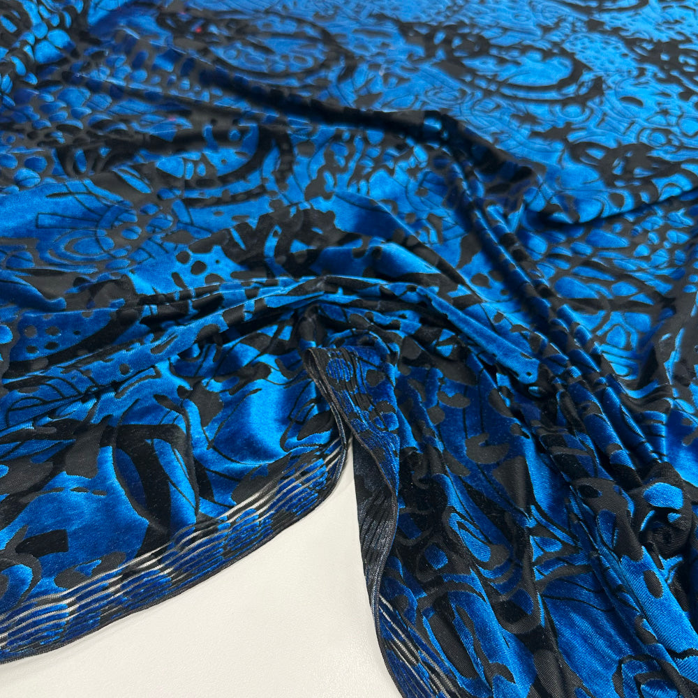 Tissu Velours Dévoré Stretch - Abstrait Bleu, Vola