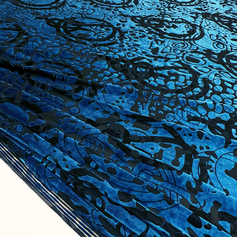 Tissu Velours Dévoré Stretch - Abstrait Bleu, Vola