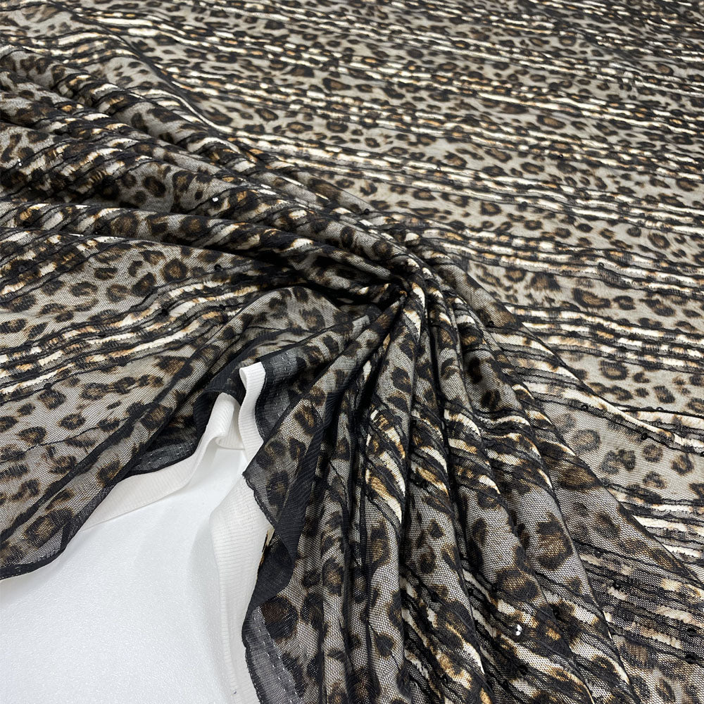 Tissu Tulle Brodé Stretch, Paillettes - Animalier, Léopardo