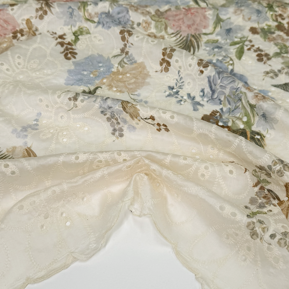Tissu Brodé, Broderie Anglaise Tencel Coton - Simona