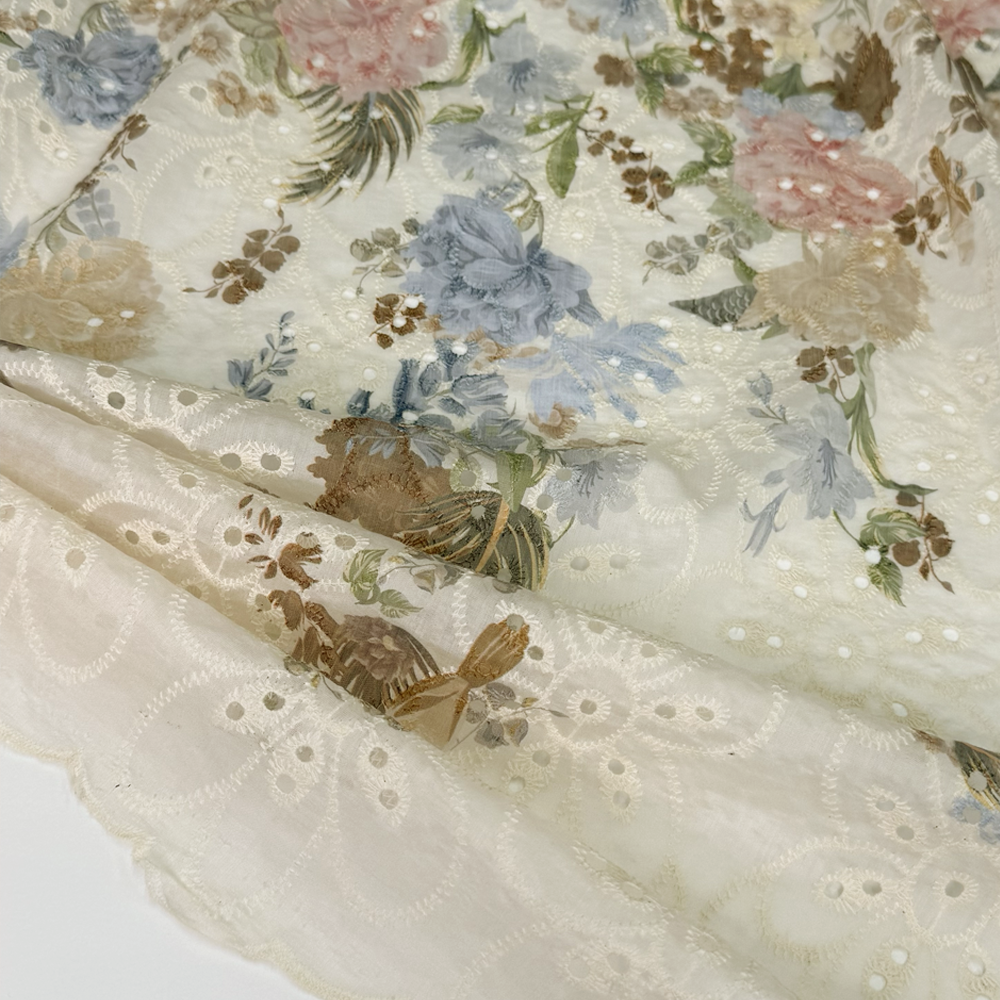 Tissu Brodé, Broderie Anglaise Tencel Coton - Simona