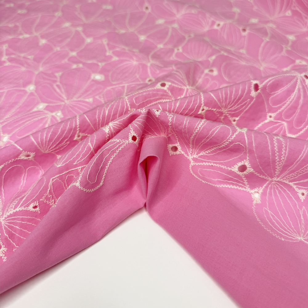 Tissu Broderie Anglaise Coton Floral, Rose - Roserio