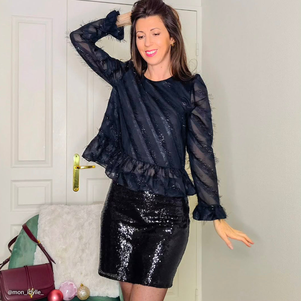 Tissu Lancé-Découpé - Frange Noir Métallisé, Elettra