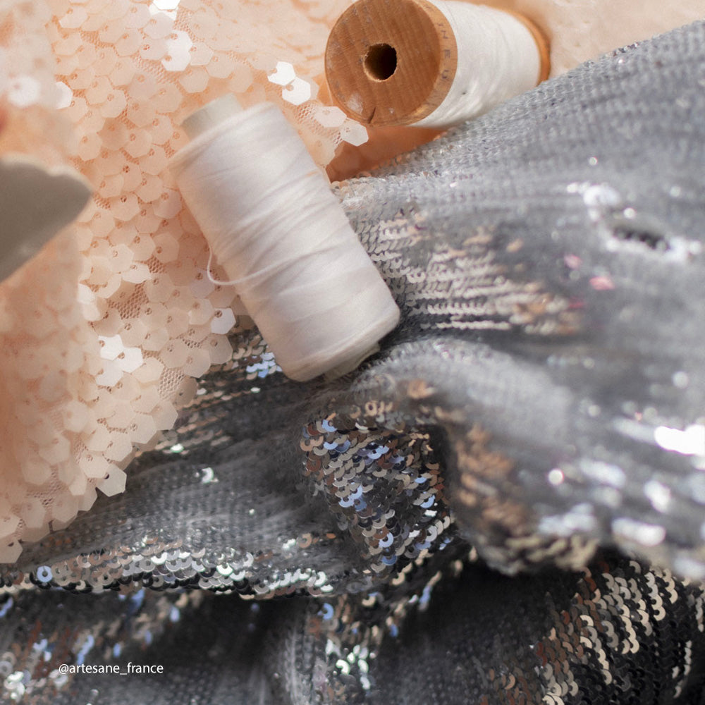 Tissu Satin Brodé, Paillettes - Gris, Marilyn
