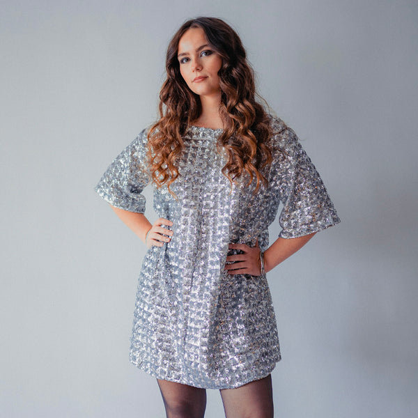 Tissu Tulle Brodé, Paillettes - Géométrique Argent, Stellare