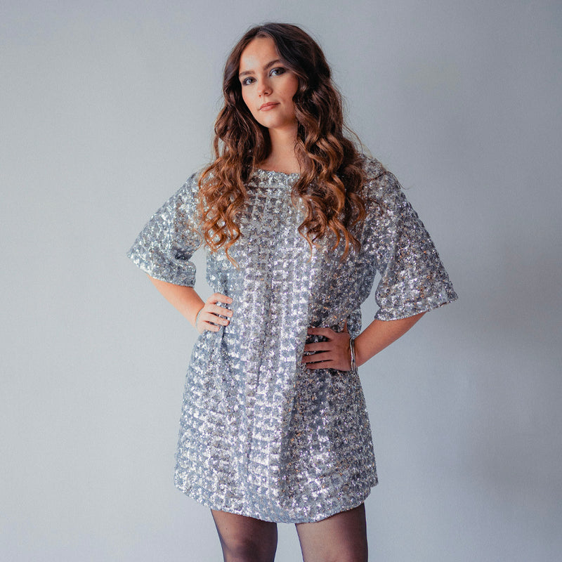 Tissu Tulle Brodé, Paillettes - Géométrique Argent, Stellare