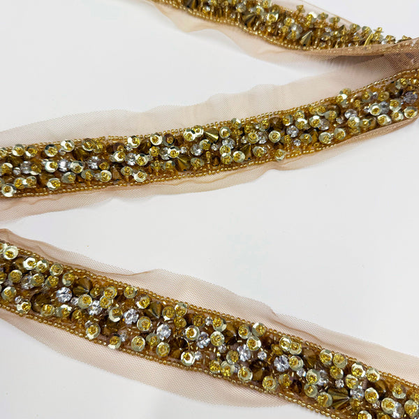 Galon Brodé, Perles Strass - Or, Dorata