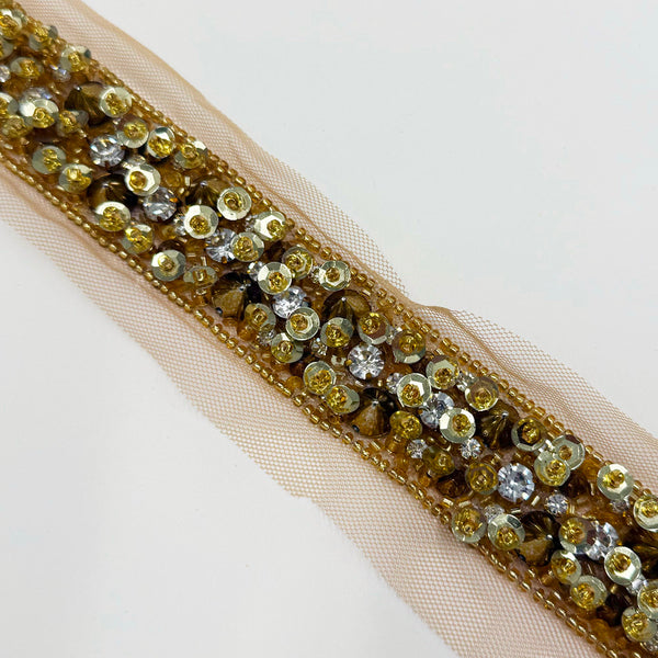 Galon Brodé, Perles Strass - Or, Dorata