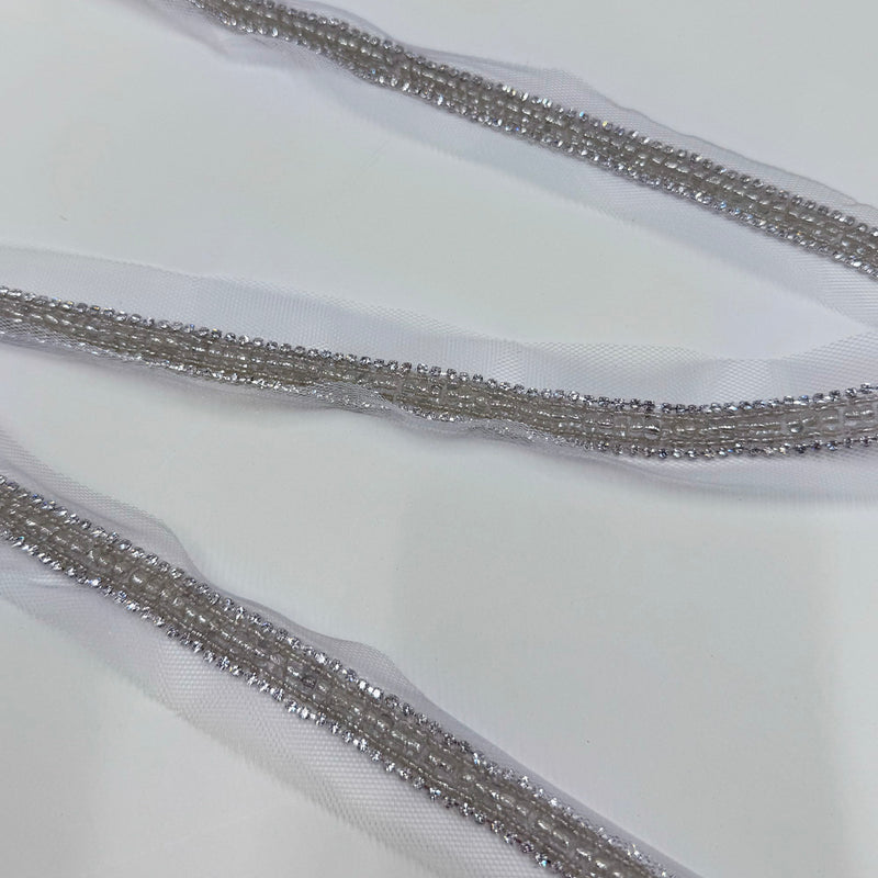 Galon Brodé Plat, Perles Strass - Argent, Maestosa