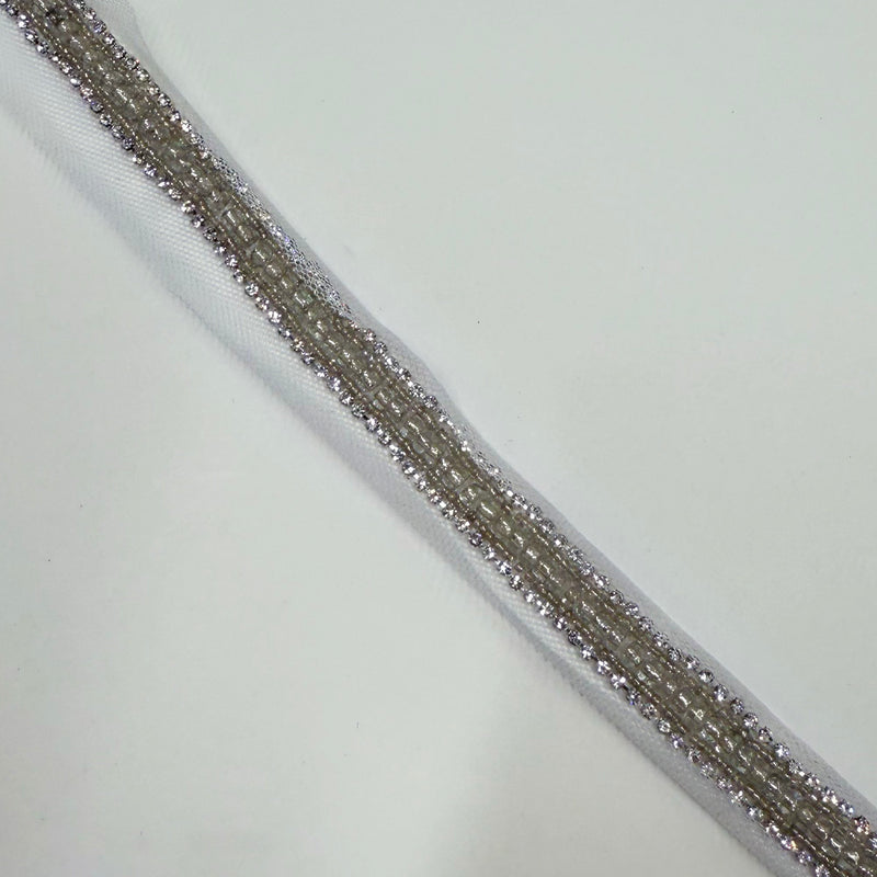 Galon Brodé Plat, Perles Strass - Argent, Maestosa