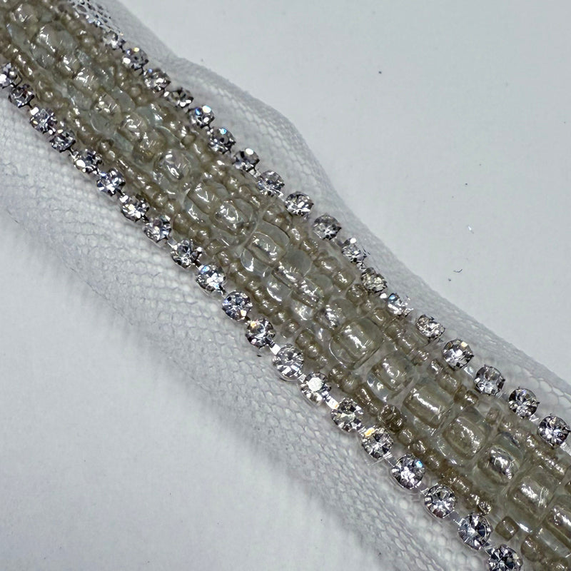 Galon Brodé Plat, Perles Strass - Argent, Maestosa