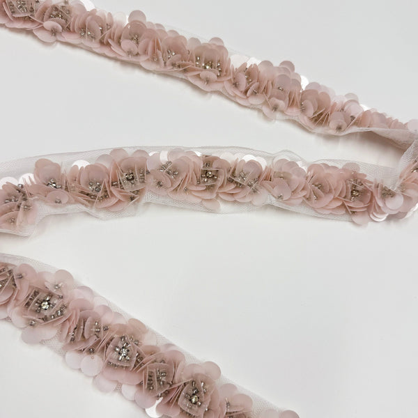 Galon Brodé Fleurs, Paillettes Strass - Floral Rose, Rosellina