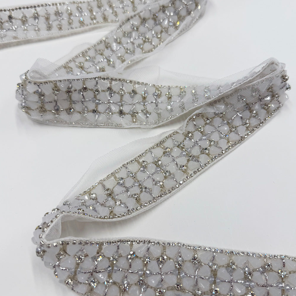 Galon Brodé, Perles Strass - Argent Géométrique, Ento