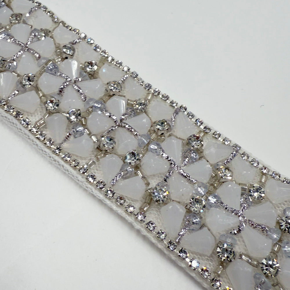 Galon Brodé, Perles Strass - Argent Géométrique, Ento