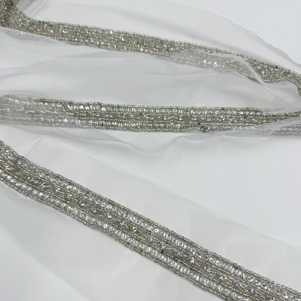 Galon Brodé, Perles Strass - Argent, Perlata