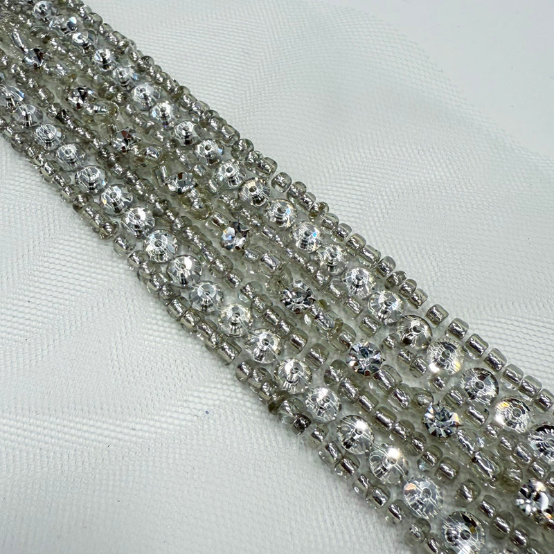 Galon Brodé, Perles Strass - Argent, Perlata