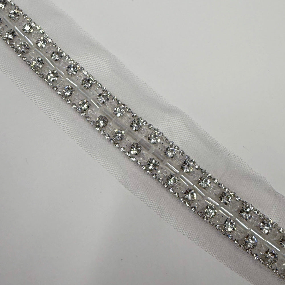 Galon Brodé, Perles Baguettes Strass - Argent, Argentia