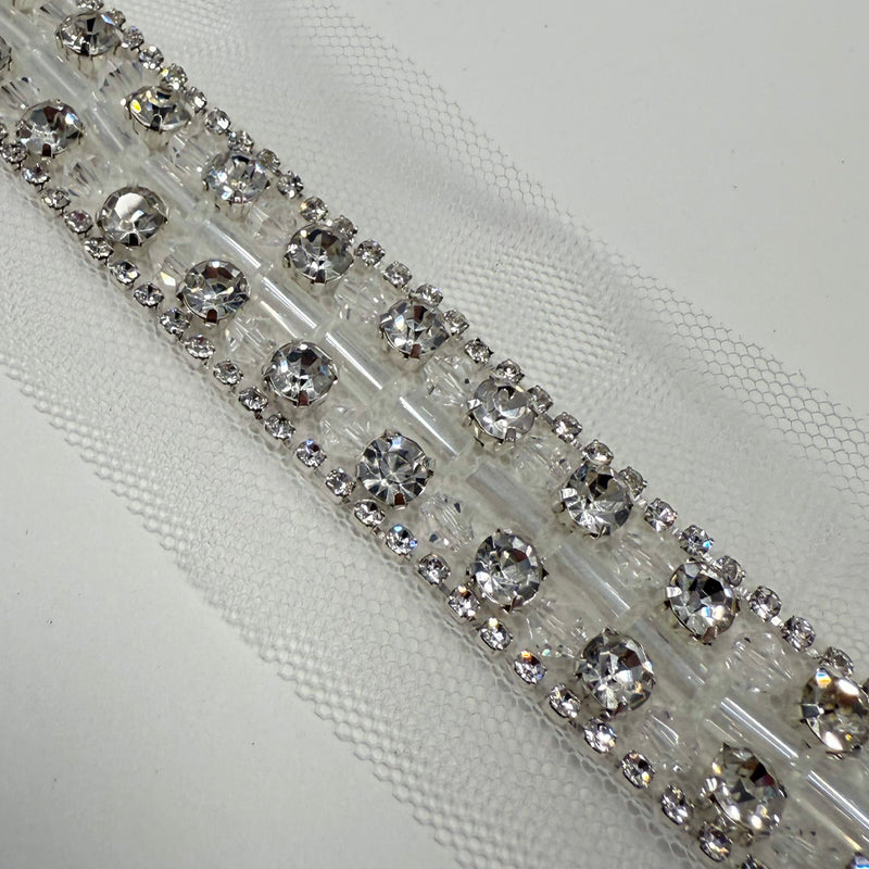 Galon Brodé, Perles Baguettes Strass - Argent, Argentia