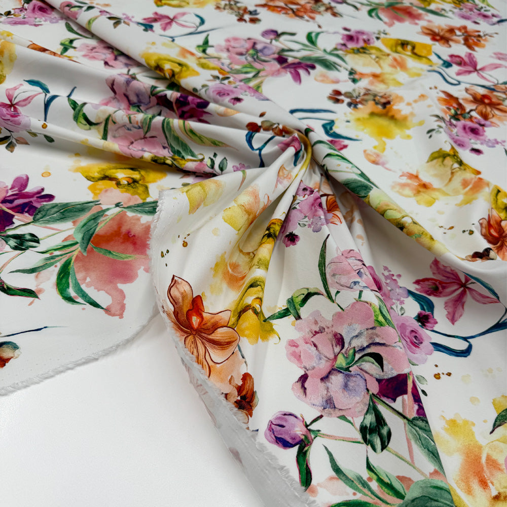 Tissu Satin, Coton Viscose Stretch - Floral, Orchidea