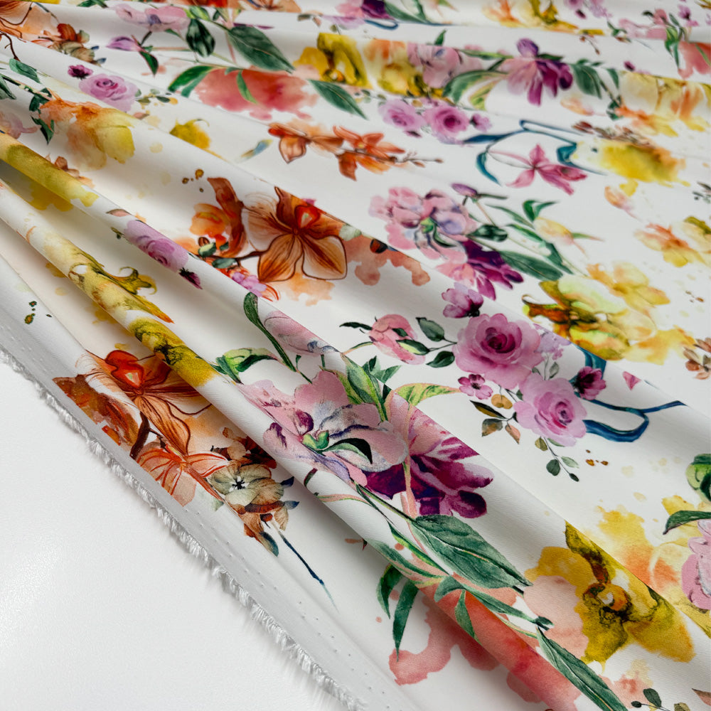 Tissu Satin, Coton Viscose Stretch - Floral, Orchidea