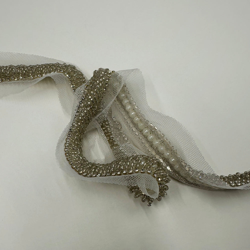 Galon Brodé, Perles et Strass - Argent, Ziano