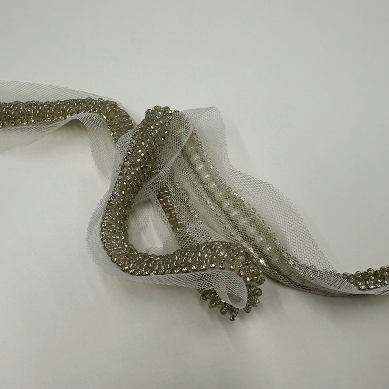 Galon Brodé, Perles et Strass - Argent, Ziano