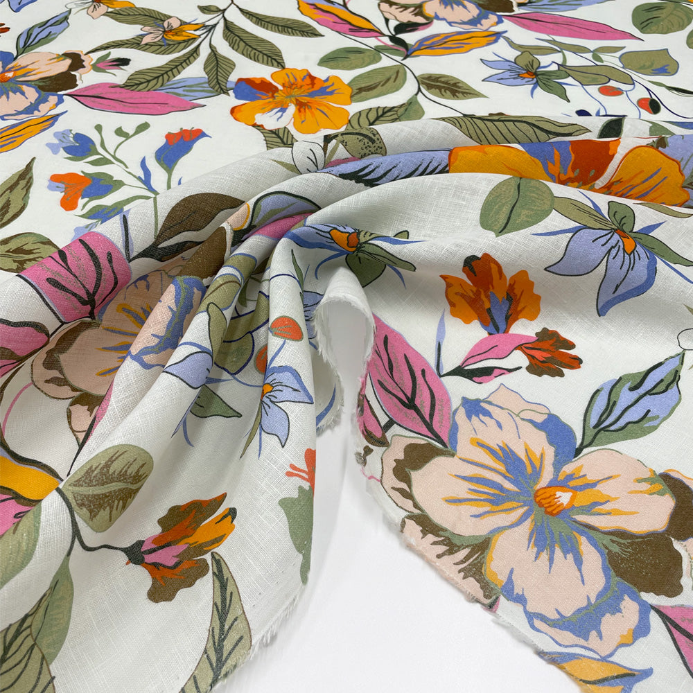 Tissu Toile Lin - Floral, Ibisco