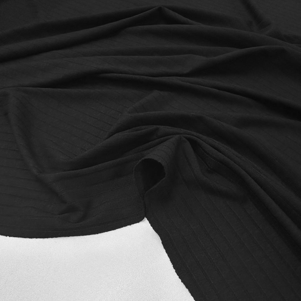Tissu Maille Jersey, Viscose Côtelé - Noir, Ilario