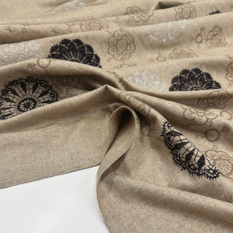 Tissu Manteau Drap Brodé, Laine - Beige, Brento