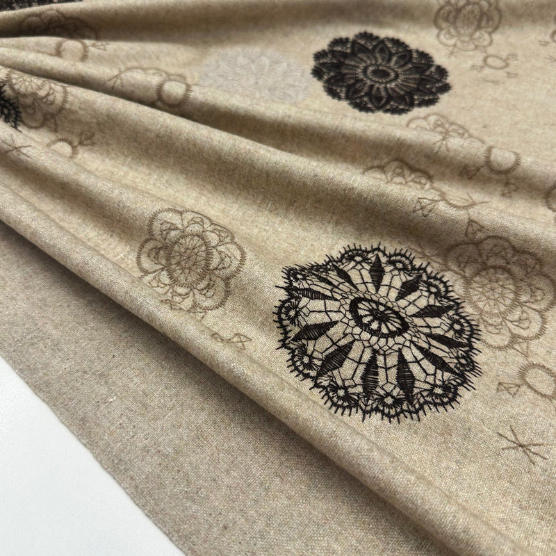 Tissu Manteau Drap Brodé, Laine - Beige, Brento