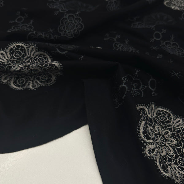 Tissu Manteau Drap Brodé, Laine - Noir, Brento