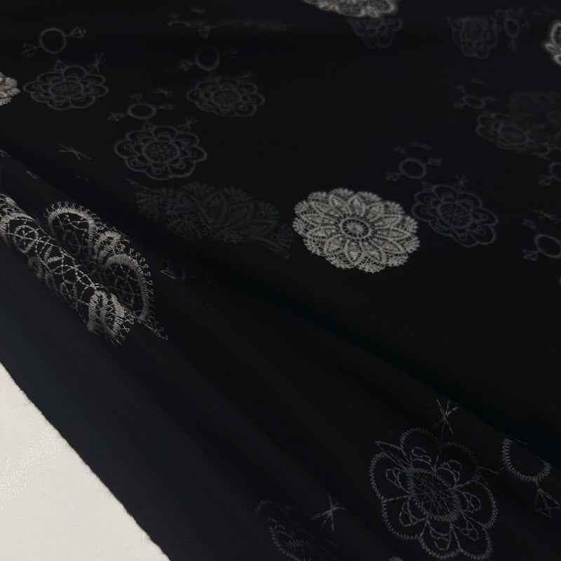Tissu Manteau Drap Brodé, Laine - Noir, Brento