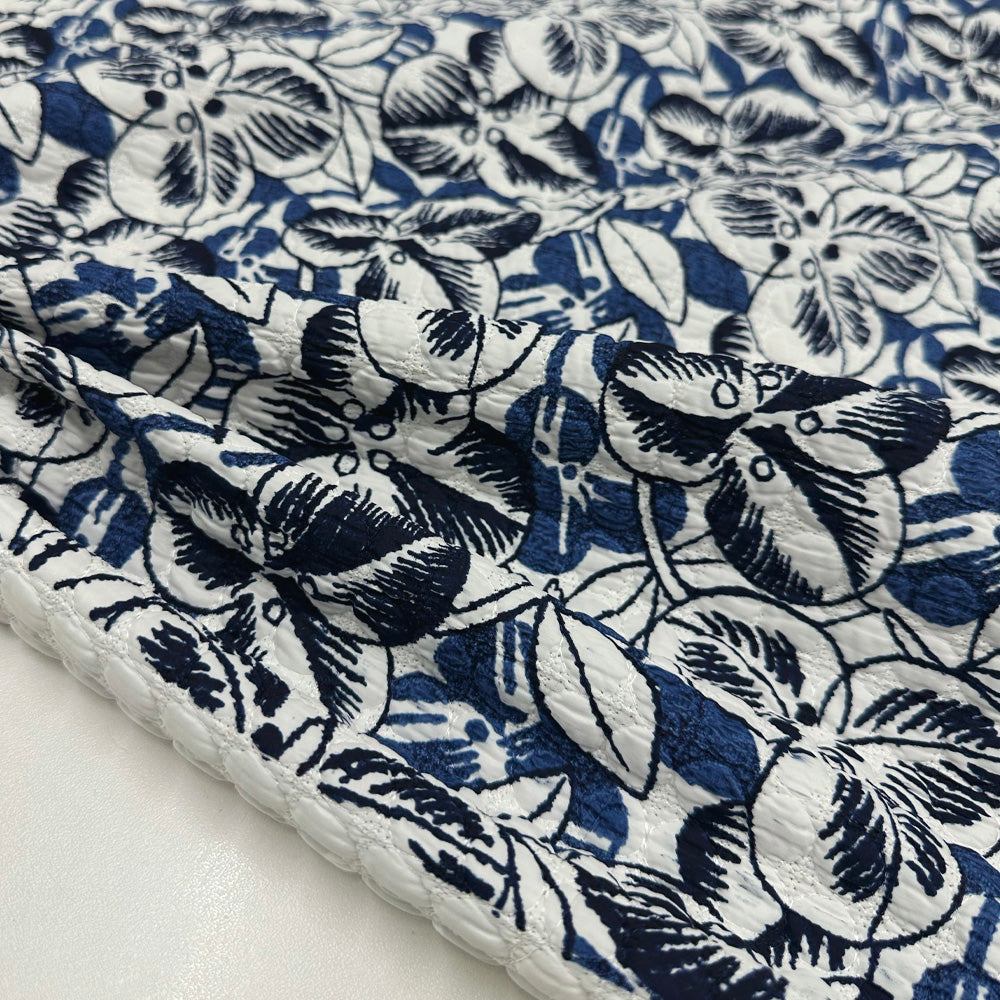 Tissu Matelassé, Coton - Floral Bleu, Rosario