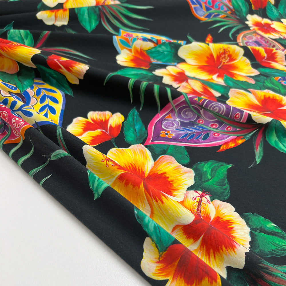 Tissu Satin Stretch, Coton - Floral Tropical, Althéa